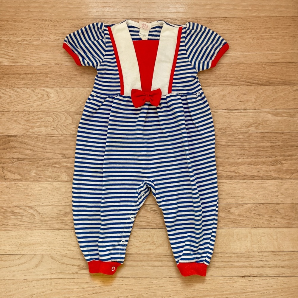 VINTAGE 70s 80s BUSTER brown VGUC Striped Blue & Red Bow Sailor Jumpsuit